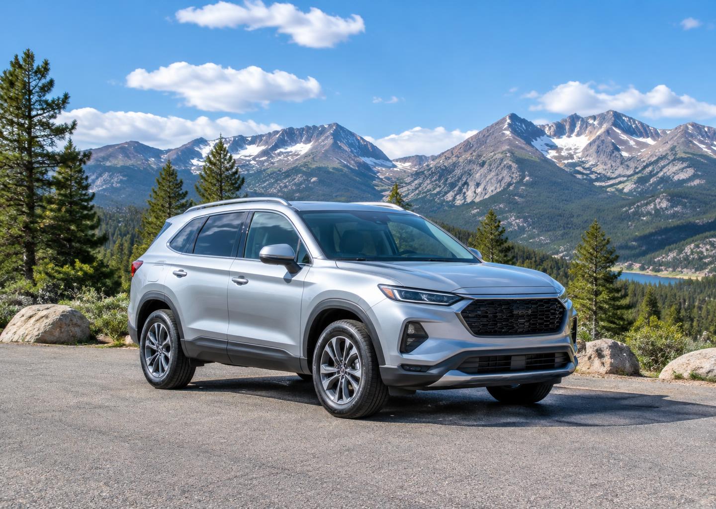 Silver SUV overlooking the Colorado Rocky Mountains