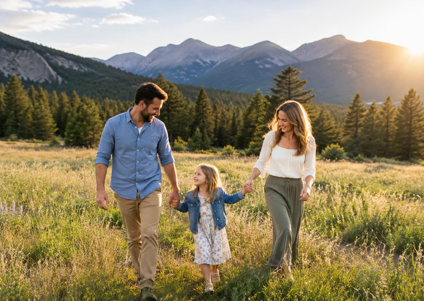 Family enjoying a walk in a Colorado meadow